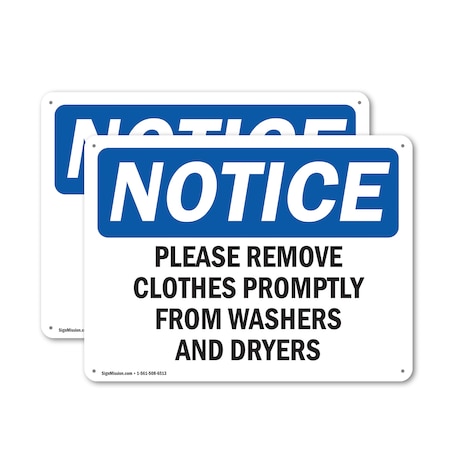 Signmission Please Remove Clothes Promptly From Washers, 10 in W x Rectangle, Plastic OS-2PACK-NS-P-710-L-17564
